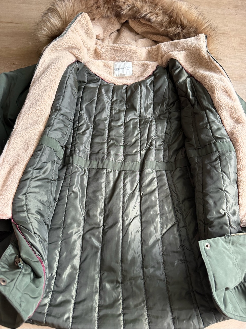Coldwater creek Olive Green Coat Size L Parka Fur Trim NWOT - Picture 8 of 11